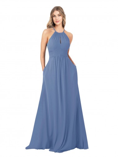 Comprimento Chão Windsor Azul Sem Mangas Linha A Buraco da fechadura Decote Alto Vestidos de Madrinha Por Atacado